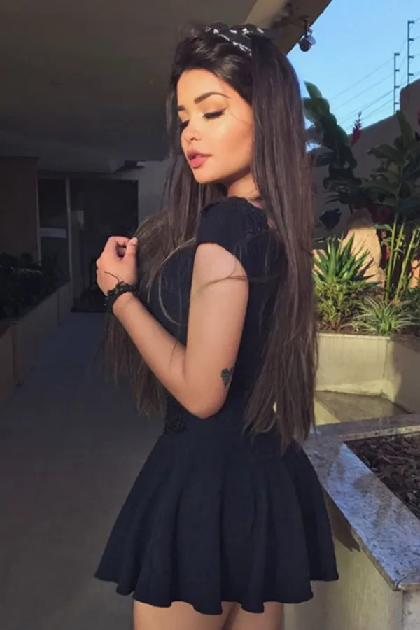 Black Capped Sleeve Short Prom Dress,Sweetheart Lace Appliques Homecoming Dress,SH212