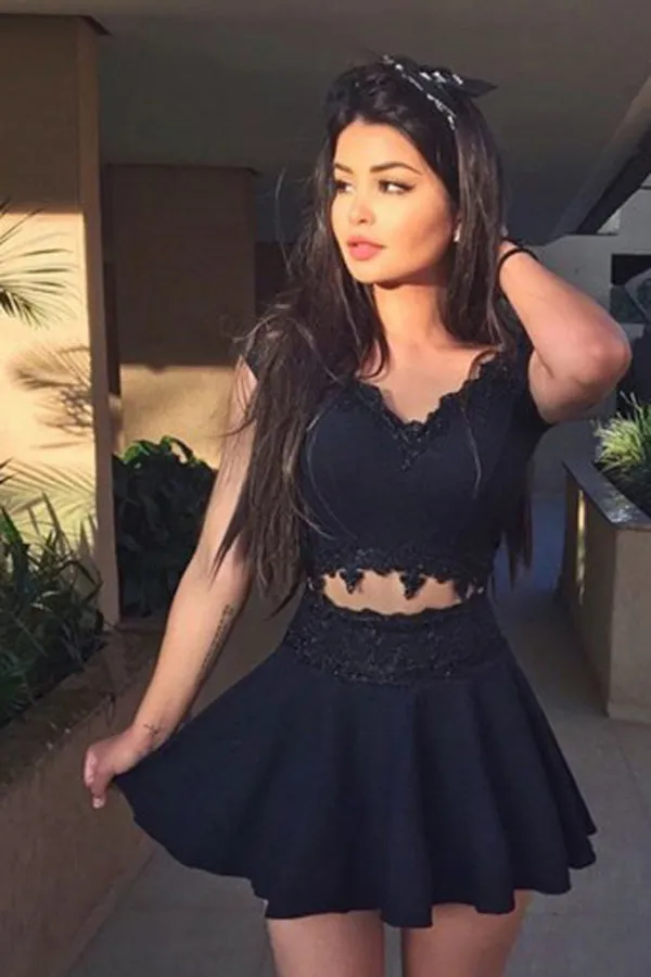 Black Capped Sleeve Short Prom Dress,Sweetheart Lace Appliques Homecoming Dress,SH212