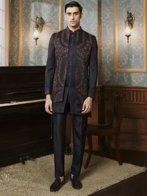 Black Floral Printed Indo Western in Black