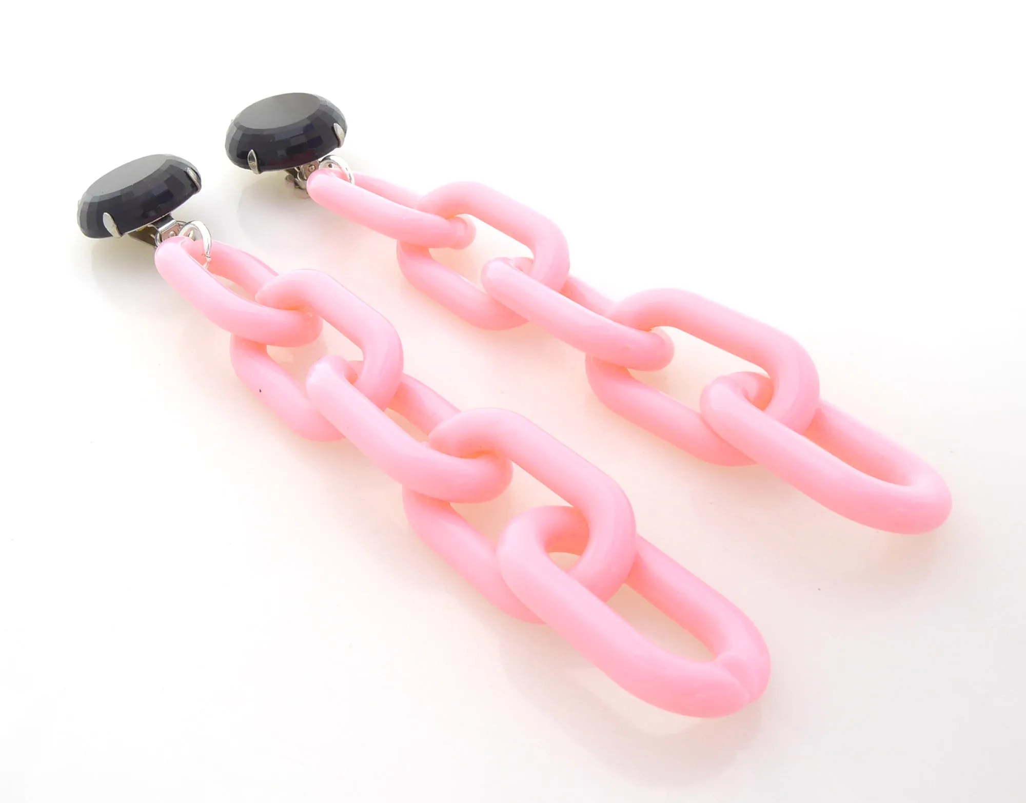 Black glass and pink chain earrings