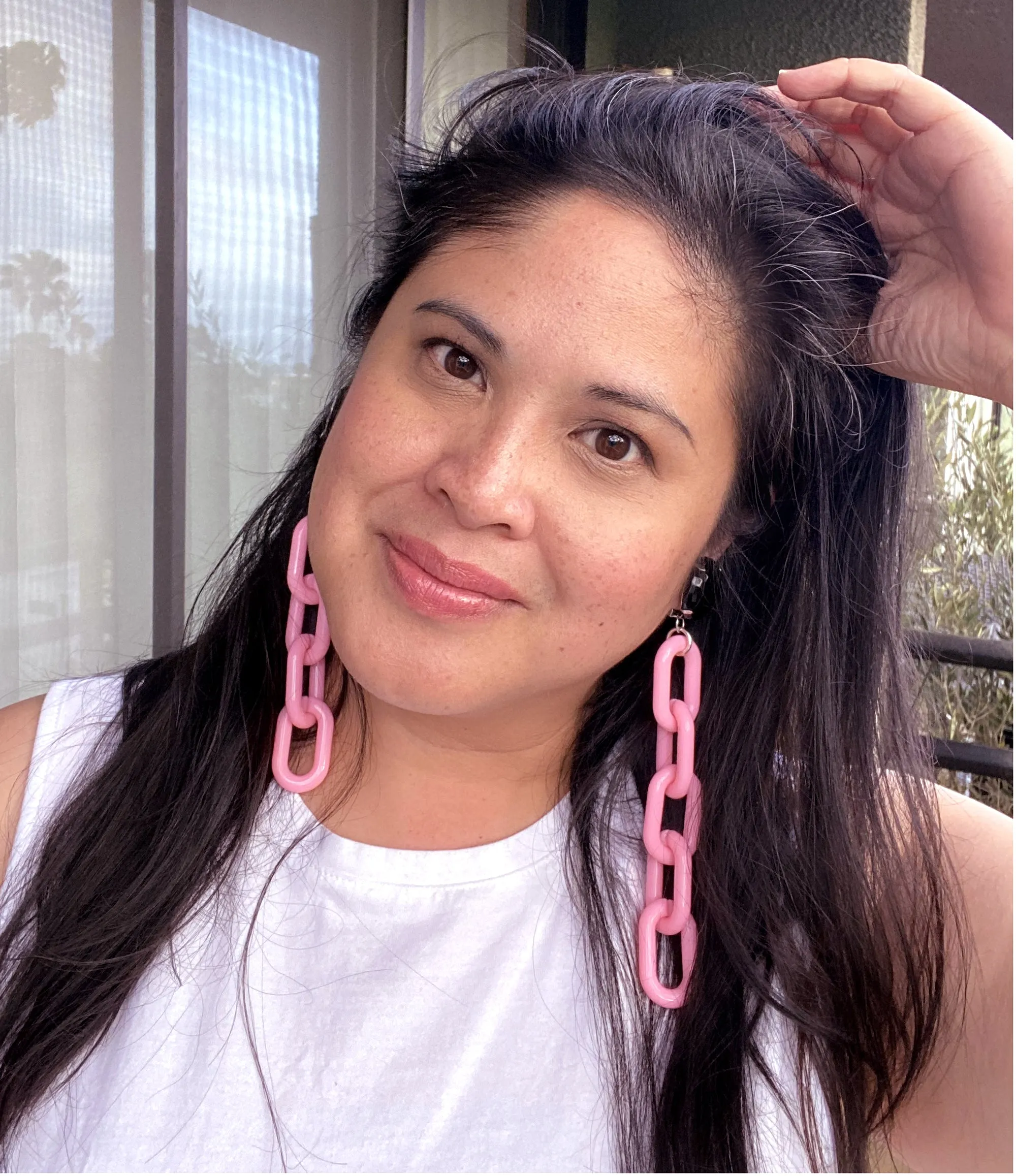 Black glass and pink chain earrings