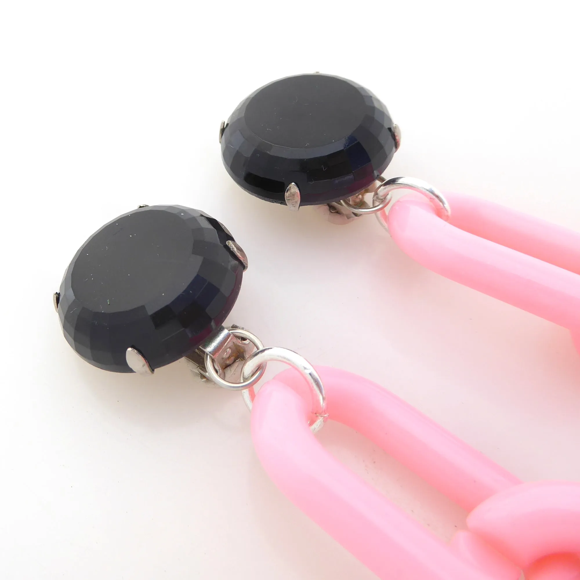 Black glass and pink chain earrings