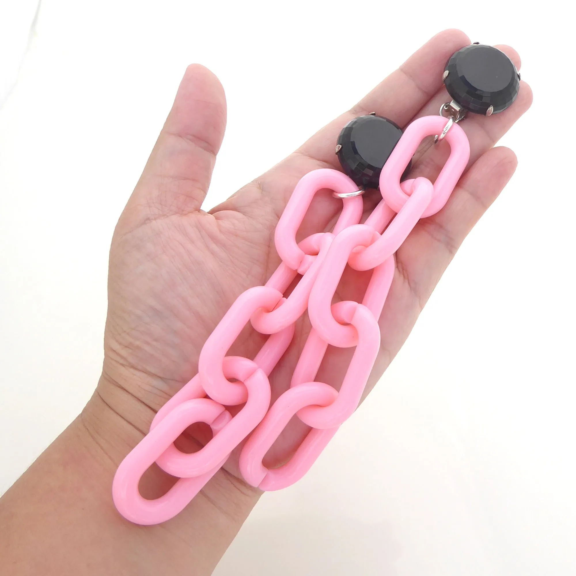 Black glass and pink chain earrings