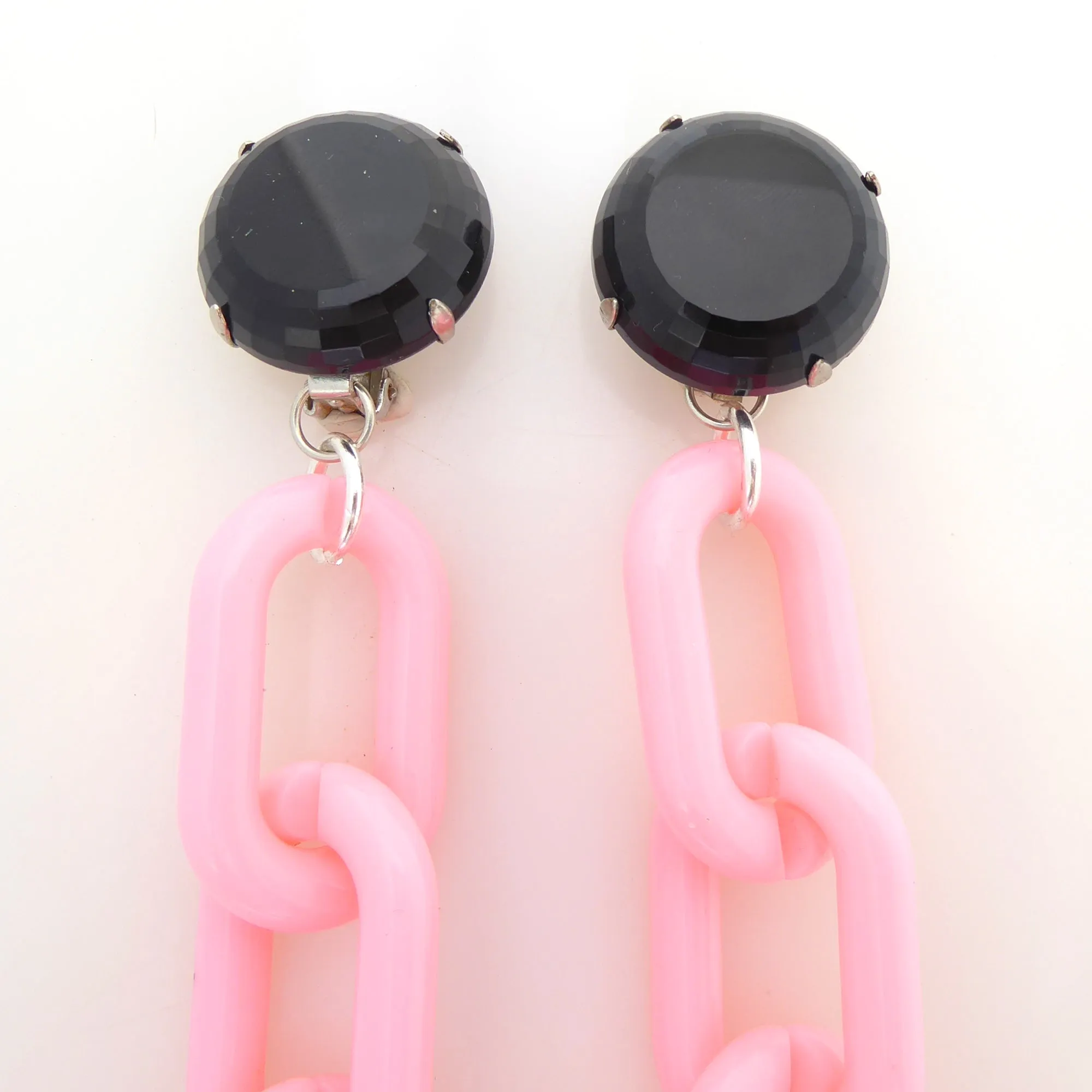 Black glass and pink chain earrings