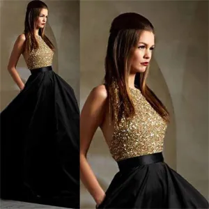 Black Gold Halter Sparkle Long Evening Party Prom Dresses, BG51126