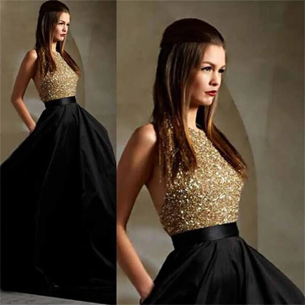 Black Gold Halter Sparkle Long Evening Party Prom Dresses, BG51126