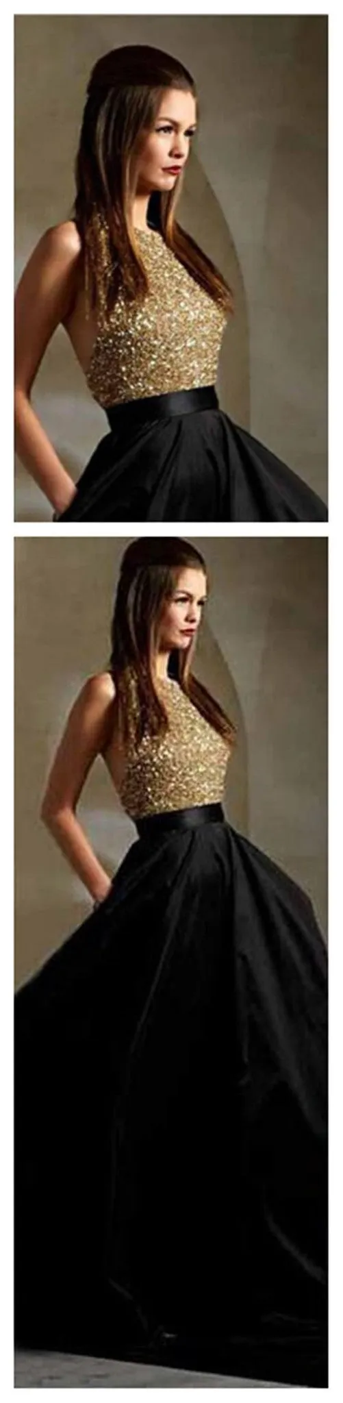 Black Gold Halter Sparkle Long Evening Party Prom Dresses, BG51126