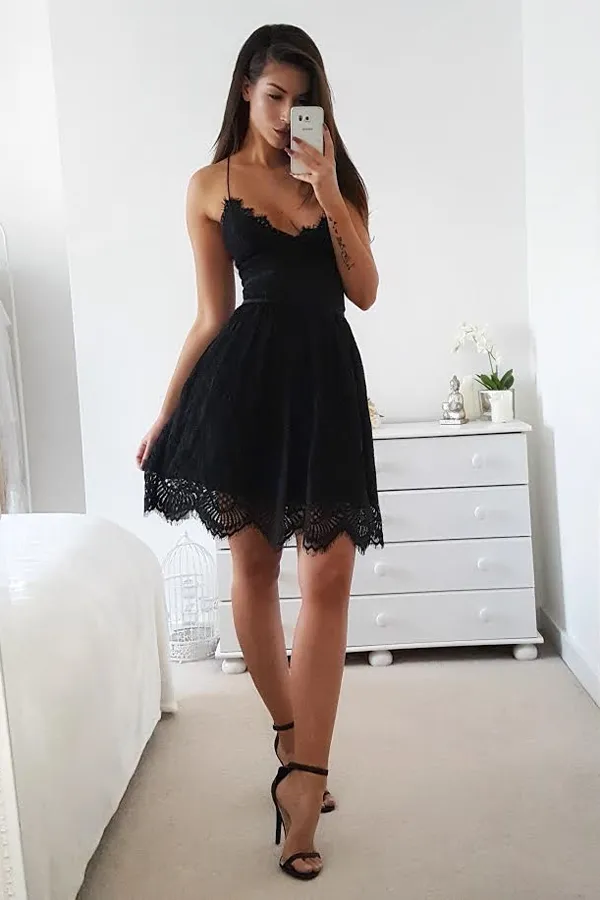 Black Halter Short Prom Dress,Sleeveless Tie Back Appliques Cheap Homecoming Dress,Party Dress SH159