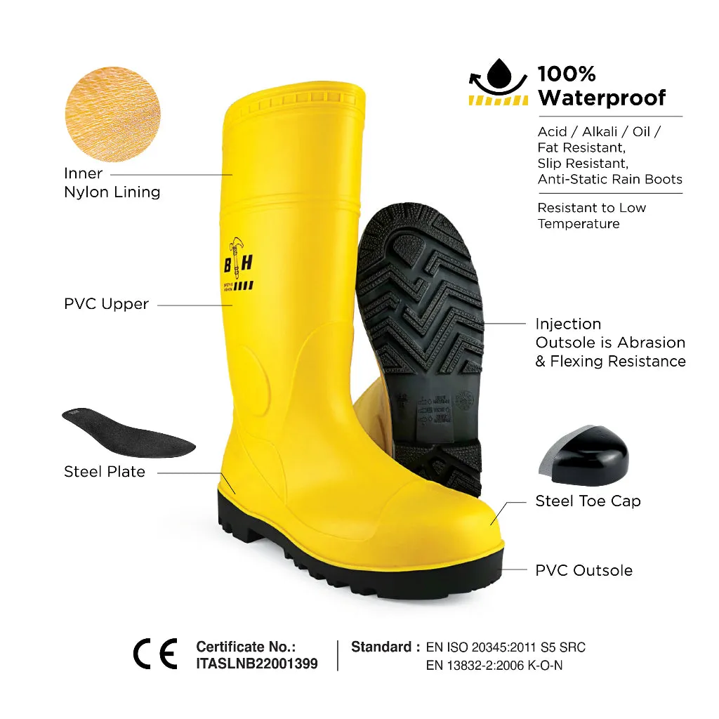 Black Hammer Safety Rain Boots with Steel Toe Cap and Steel Midsole BH(LL2)Yellow