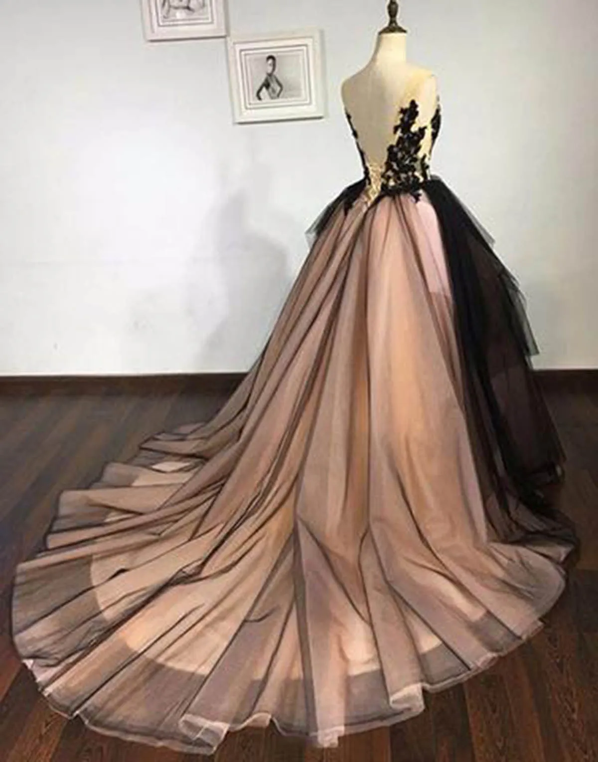 Black Lace V Neck A-line Formal Prom Dress, Long Ball Gown Evening Dress OKG34