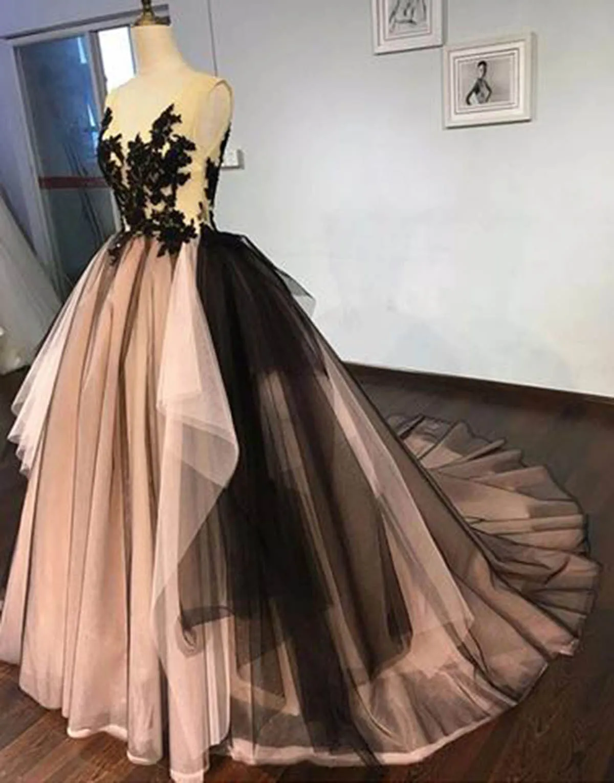 Black Lace V Neck A-line Formal Prom Dress, Long Ball Gown Evening Dress OKG34