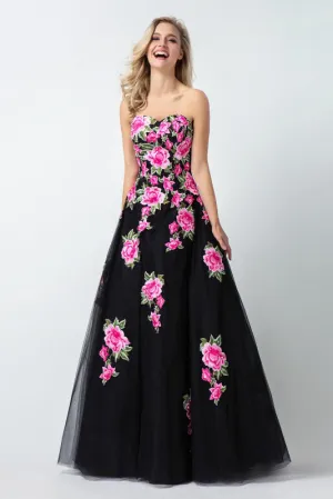 Black Sweetheart Flower Appliques Long A Line Tulle Prom Dress,Evening Dresses OKA69