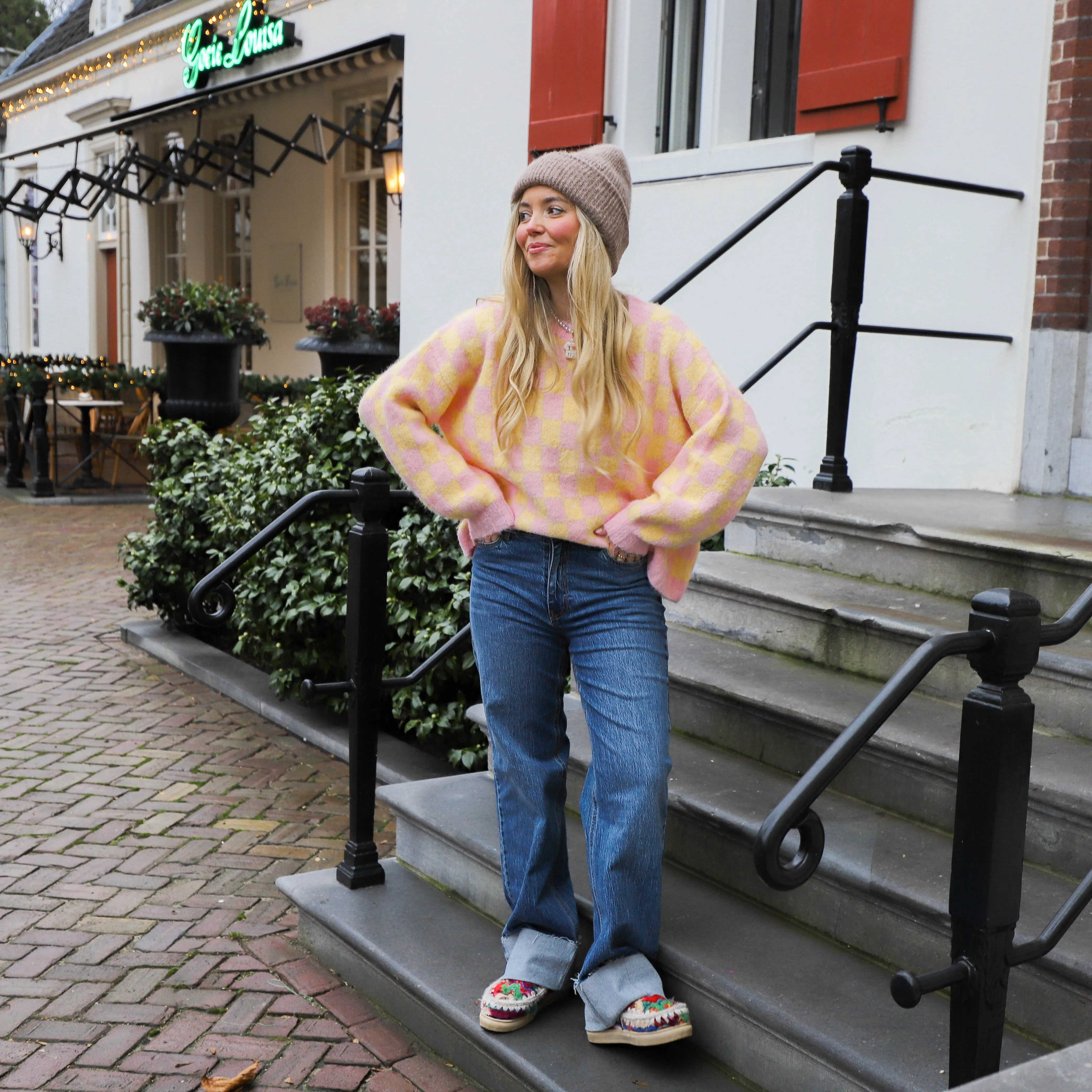 Blokjes trui geel roze