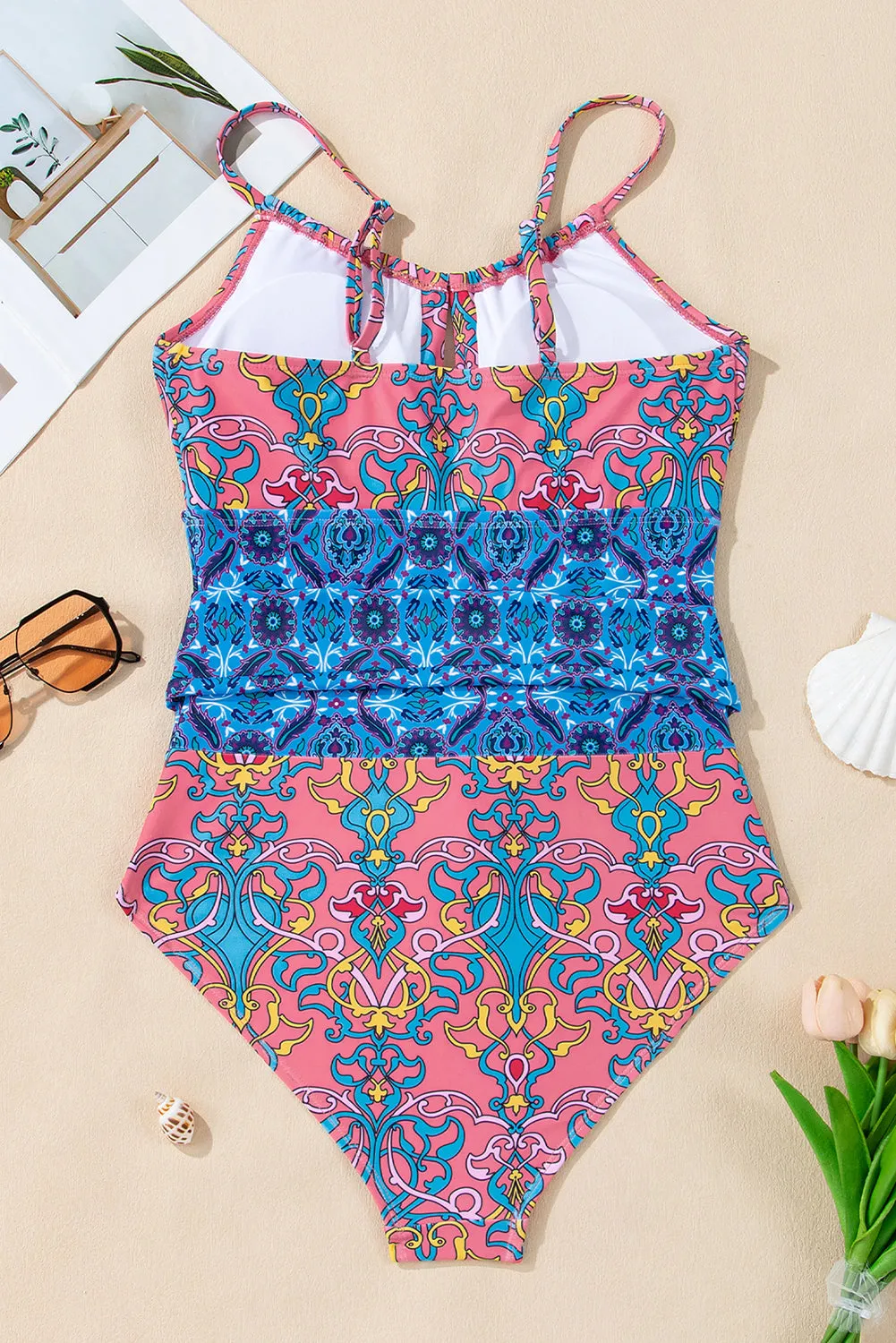 Blue Geometric Print Hollow Out Knotted Waist One Piece Swimsuit