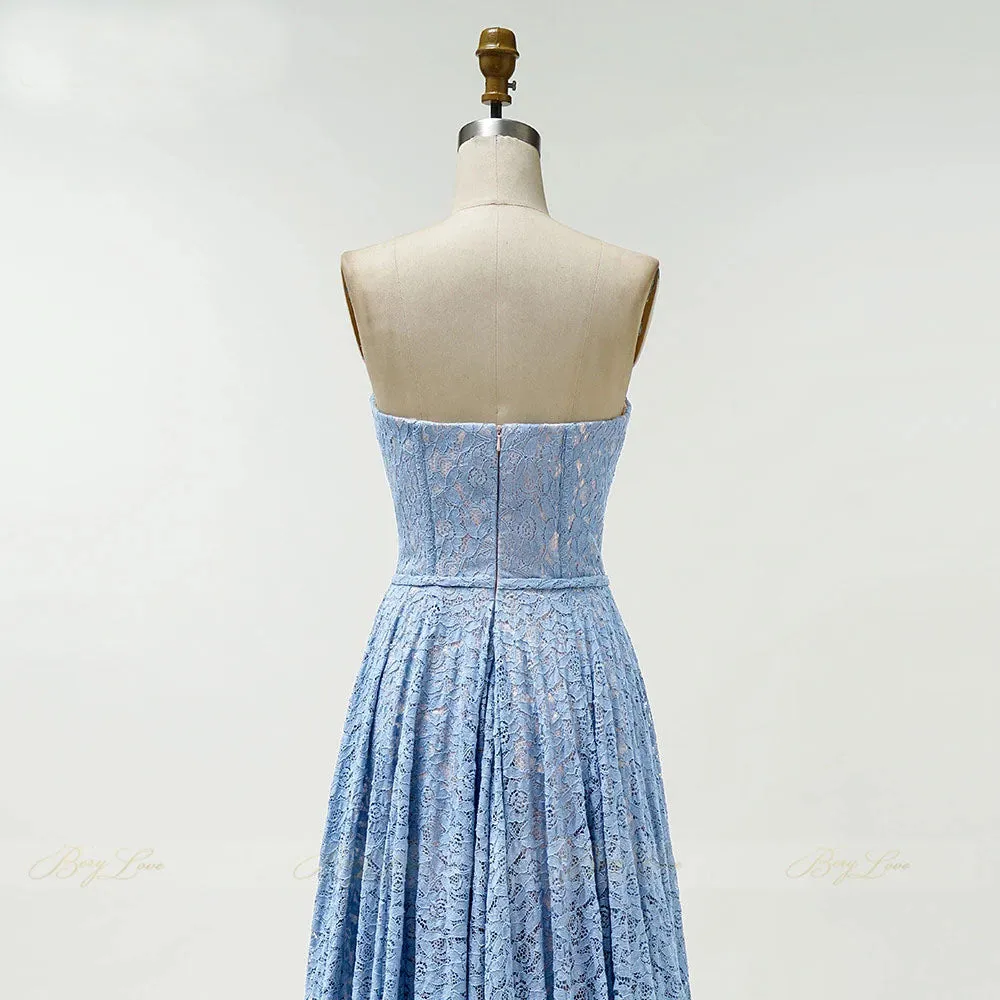 Blue Long Evening Dress Lace Bodice Formal Dress Sweetheart Neck A-line Prom Dress OKW45