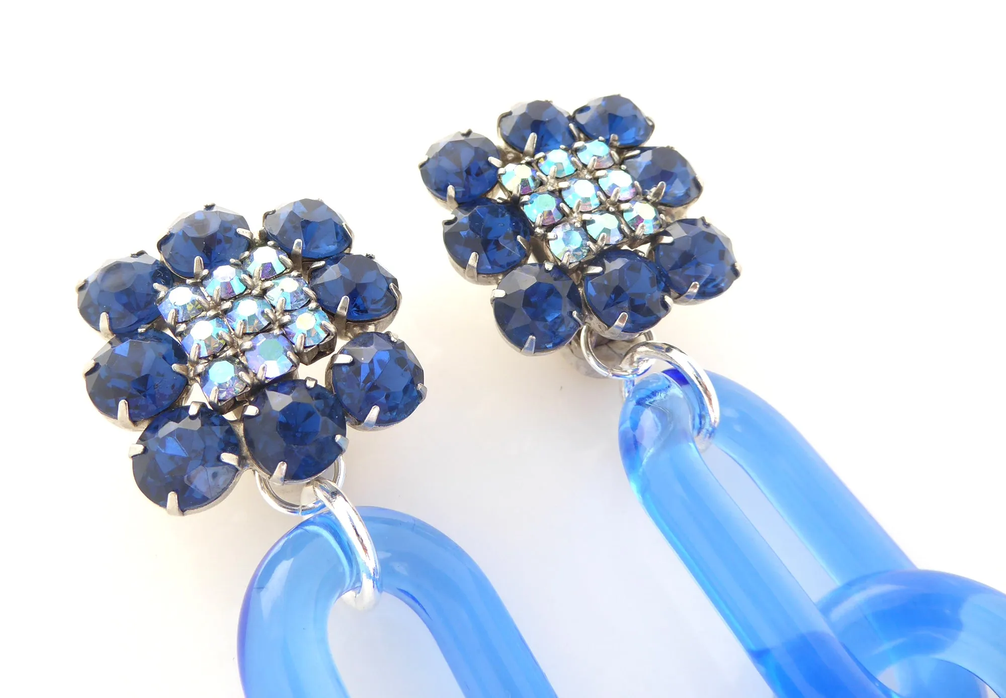 Blue rhinestone square chain earrings