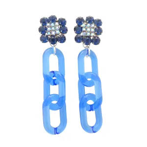 Blue rhinestone square chain earrings