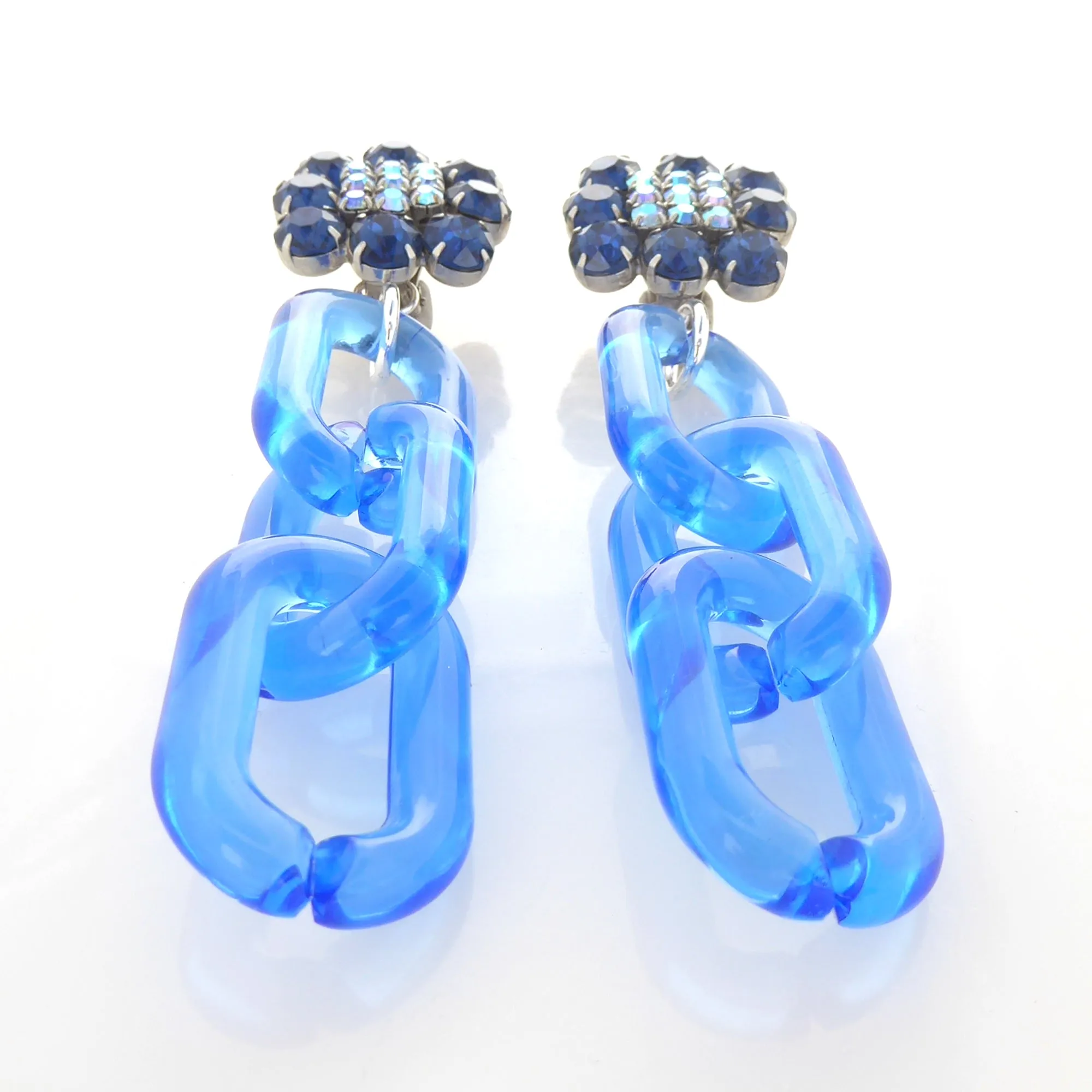 Blue rhinestone square chain earrings