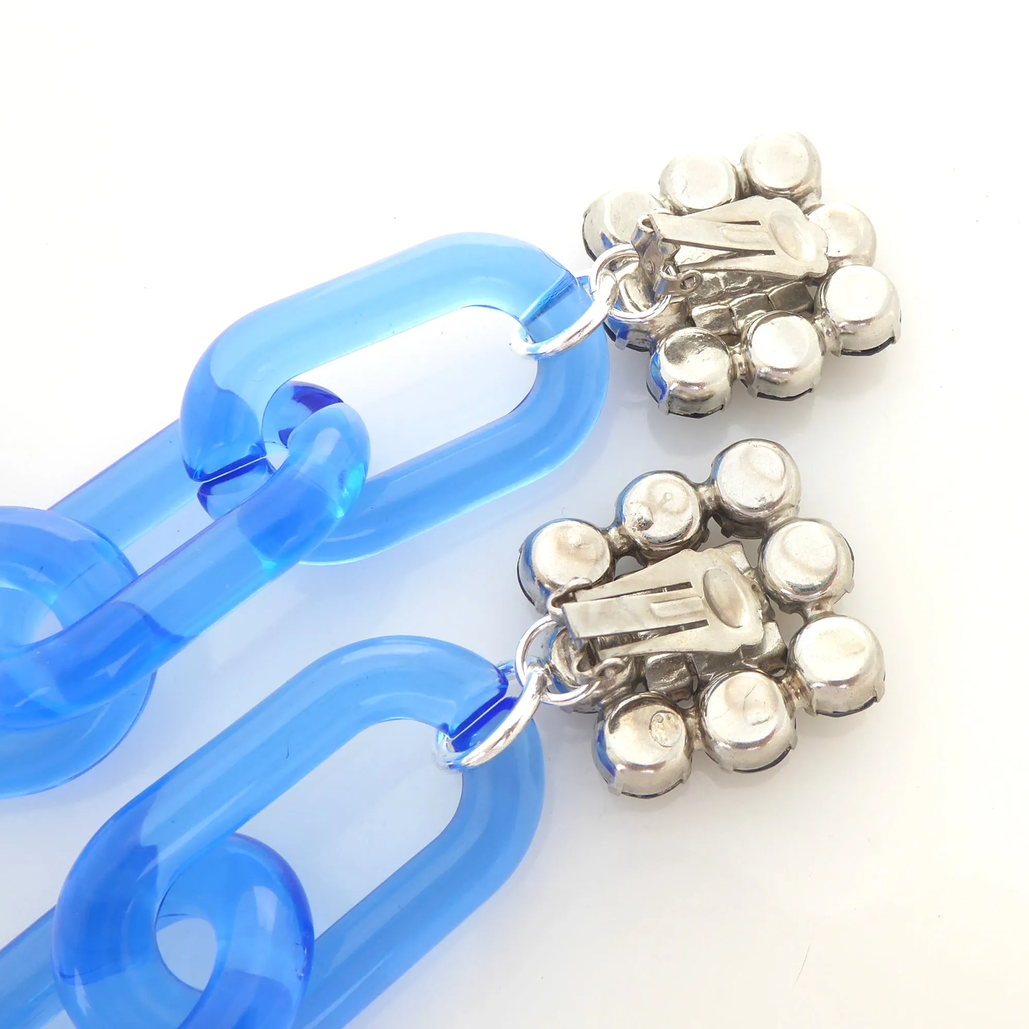 Blue rhinestone square chain earrings