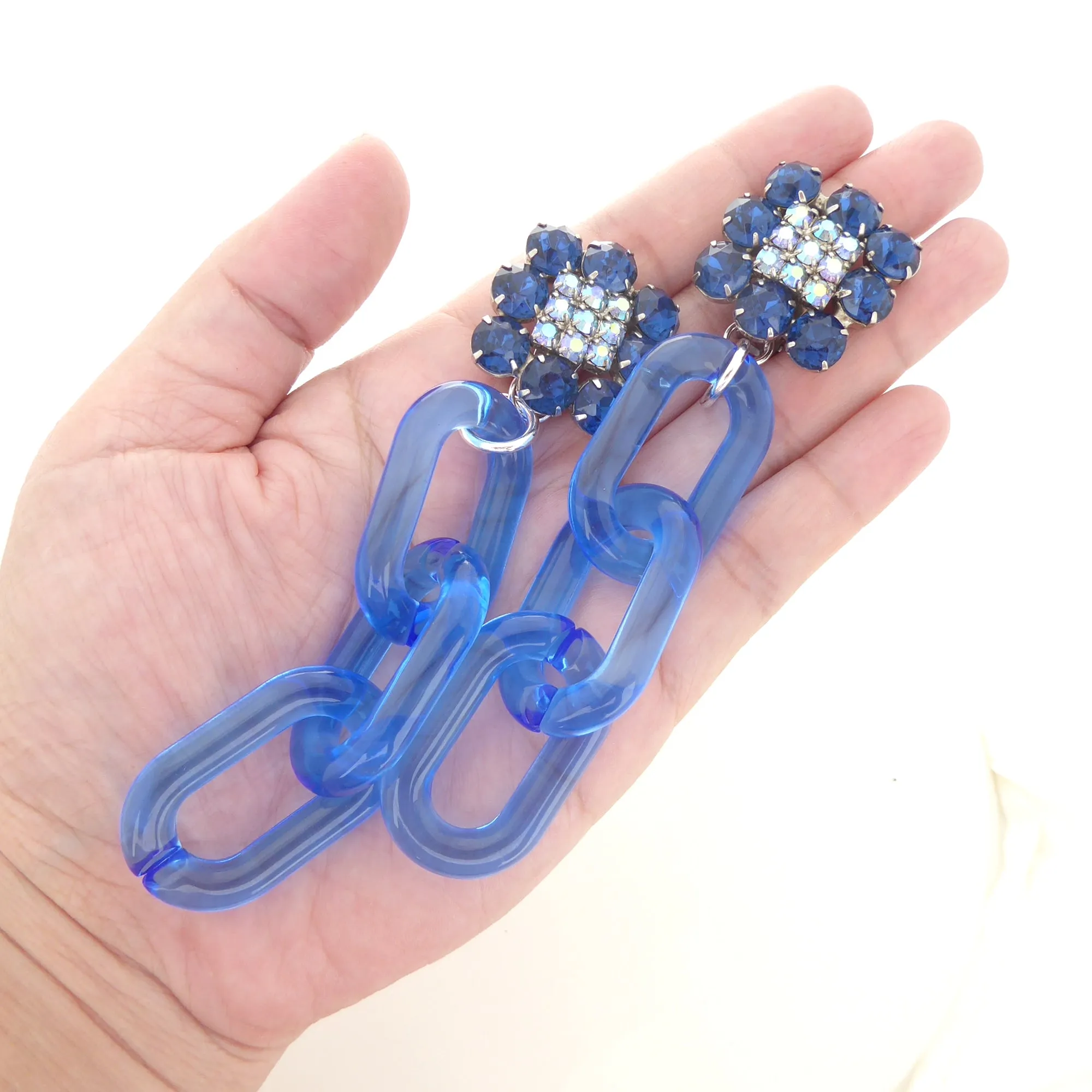 Blue rhinestone square chain earrings