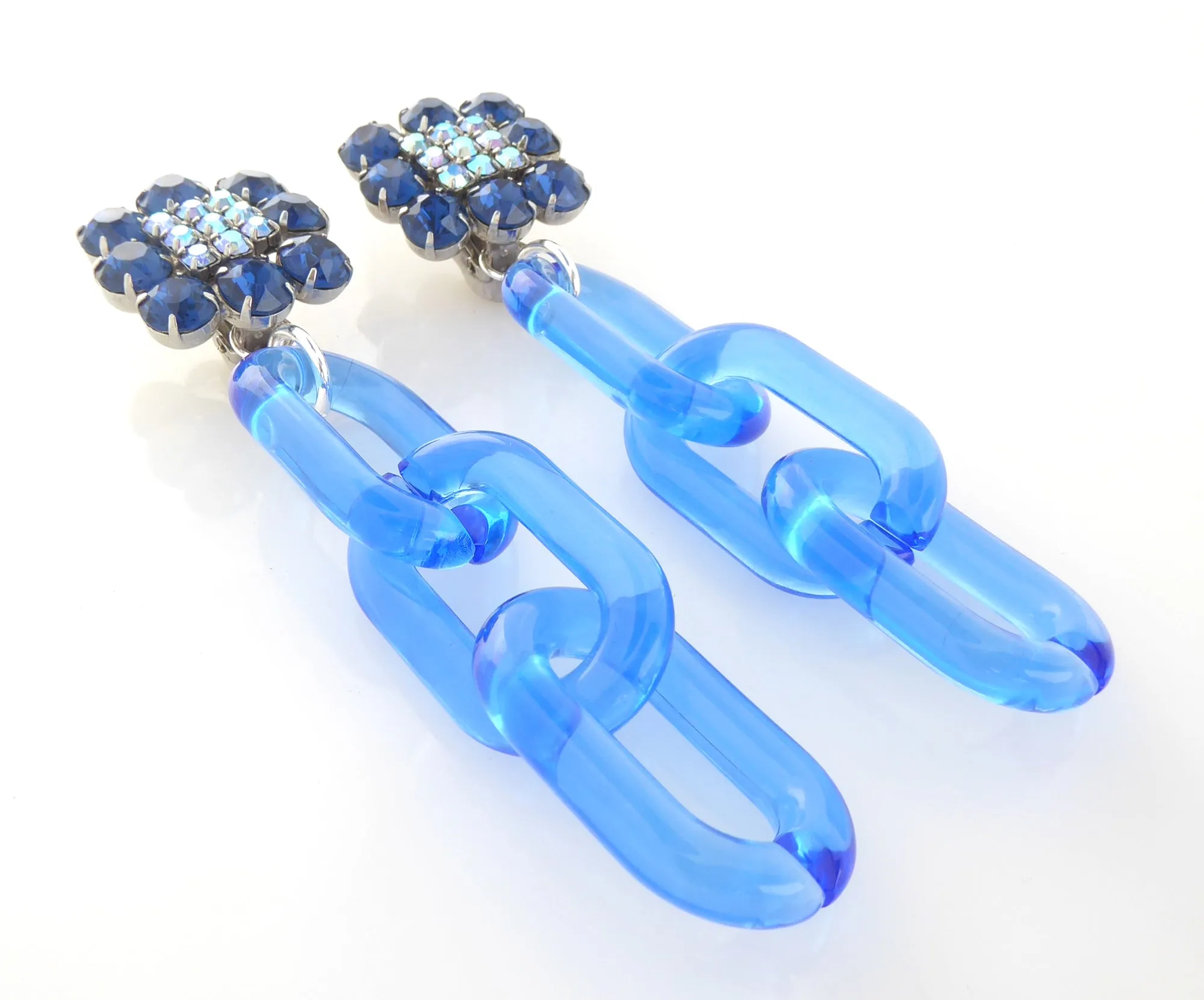 Blue rhinestone square chain earrings