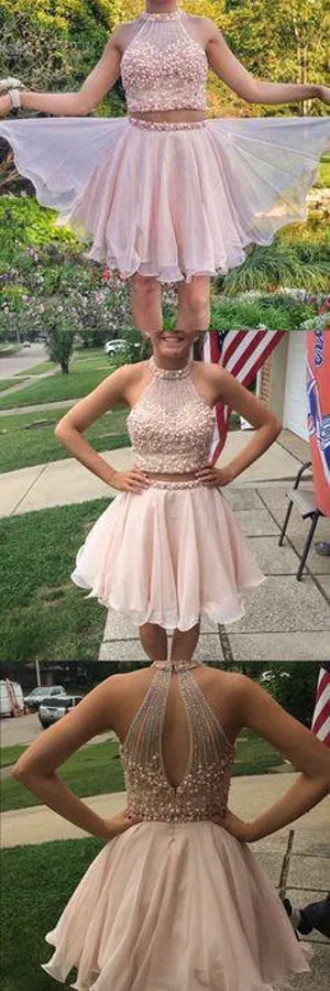 Blush Pink 2 Piece Halter Homecoming Dresses Short Prom Dresses, SH303