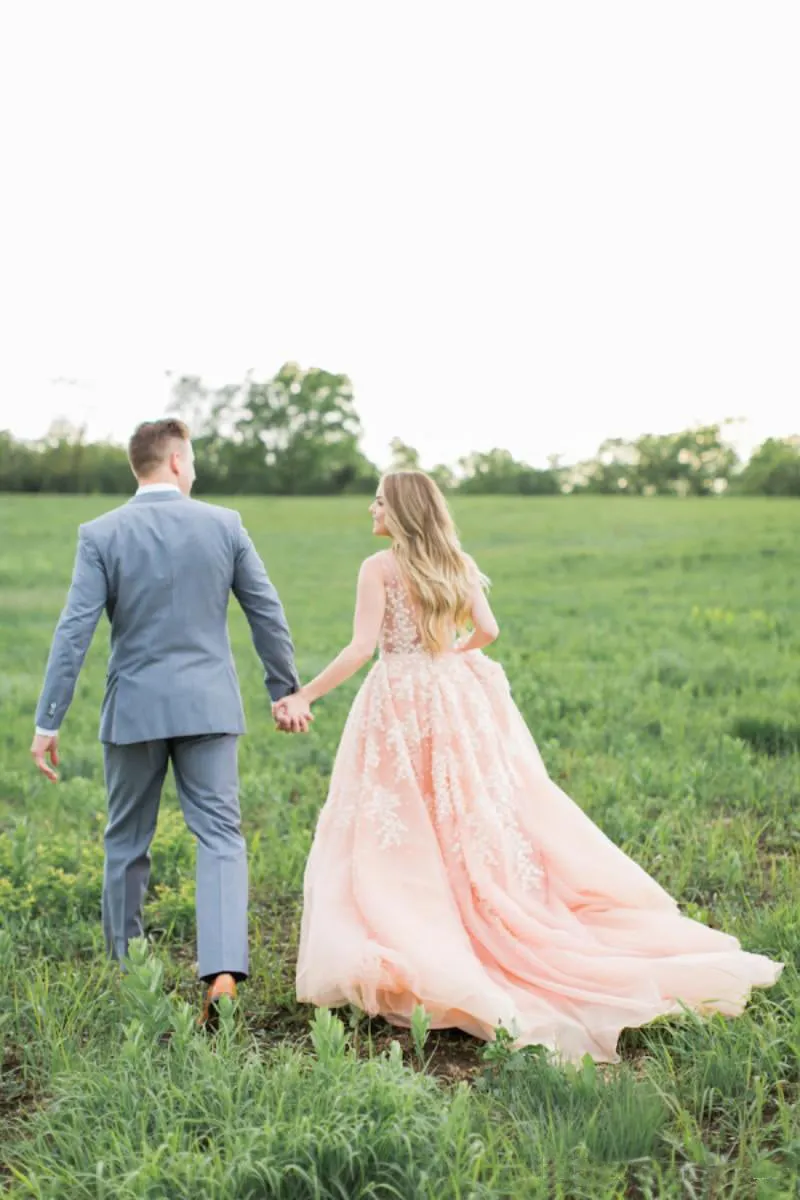 Blush Pink Long Tulle Appliques Wedding Dress With Cathedral Train,Prom Dress OK904