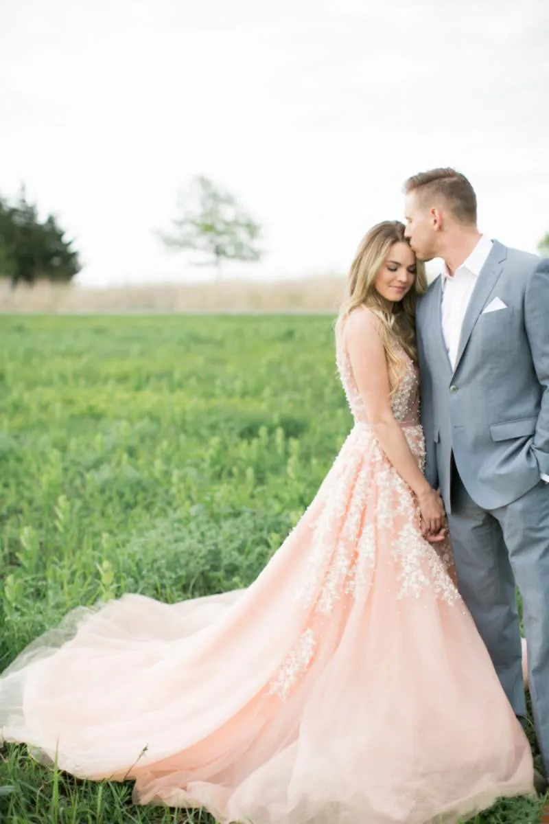 Blush Pink Long Tulle Appliques Wedding Dress With Cathedral Train,Prom Dress OK904