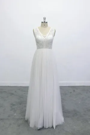 Boho Lace Applique Beading V Neck Backless A-line Skirt Wedding Dress OKU67