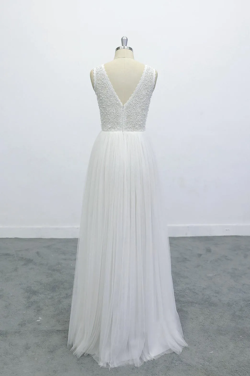 Boho Lace Applique Beading V Neck Backless A-line Skirt Wedding Dress OKU67