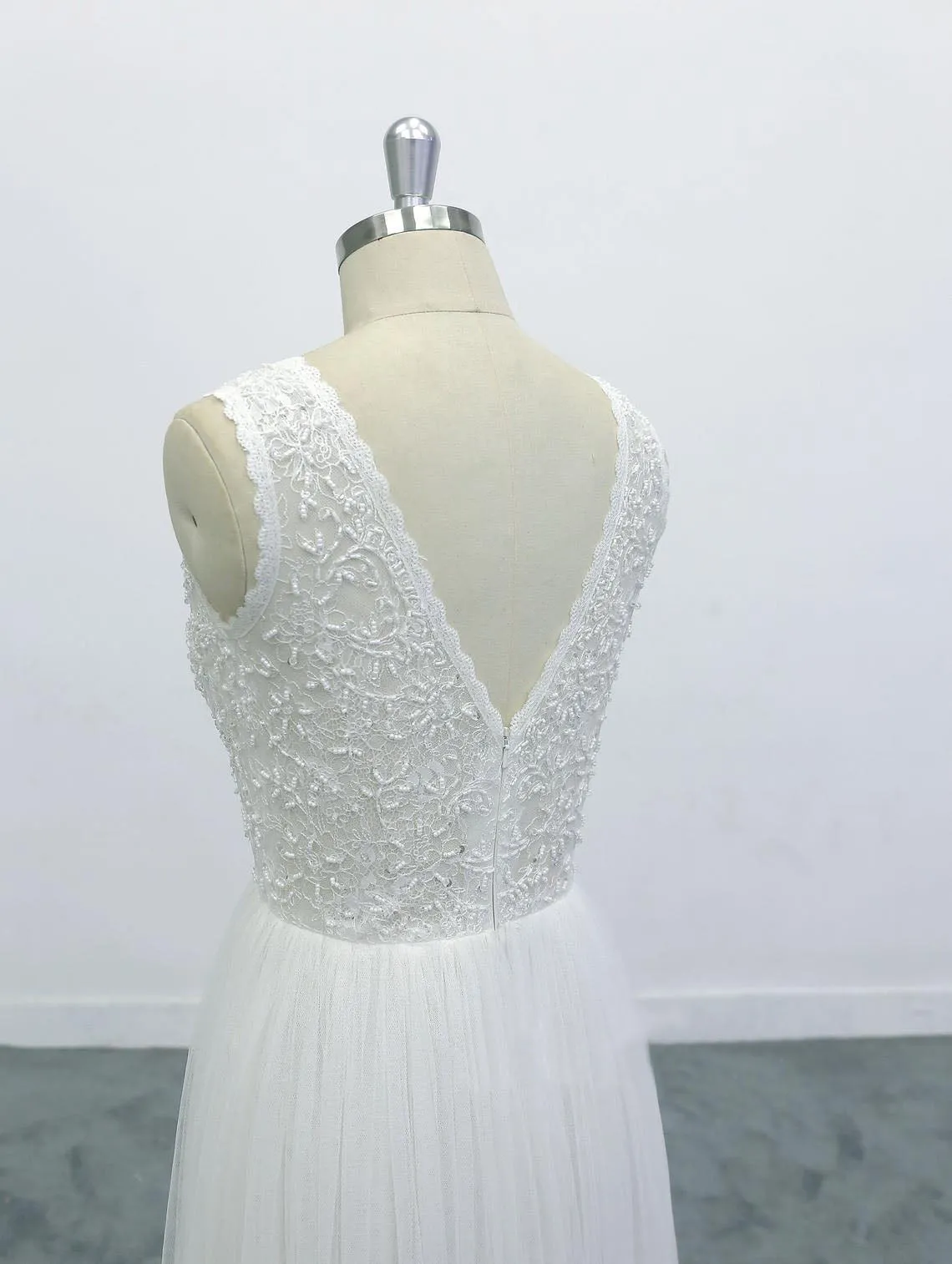 Boho Lace Applique Beading V Neck Backless A-line Skirt Wedding Dress OKU67