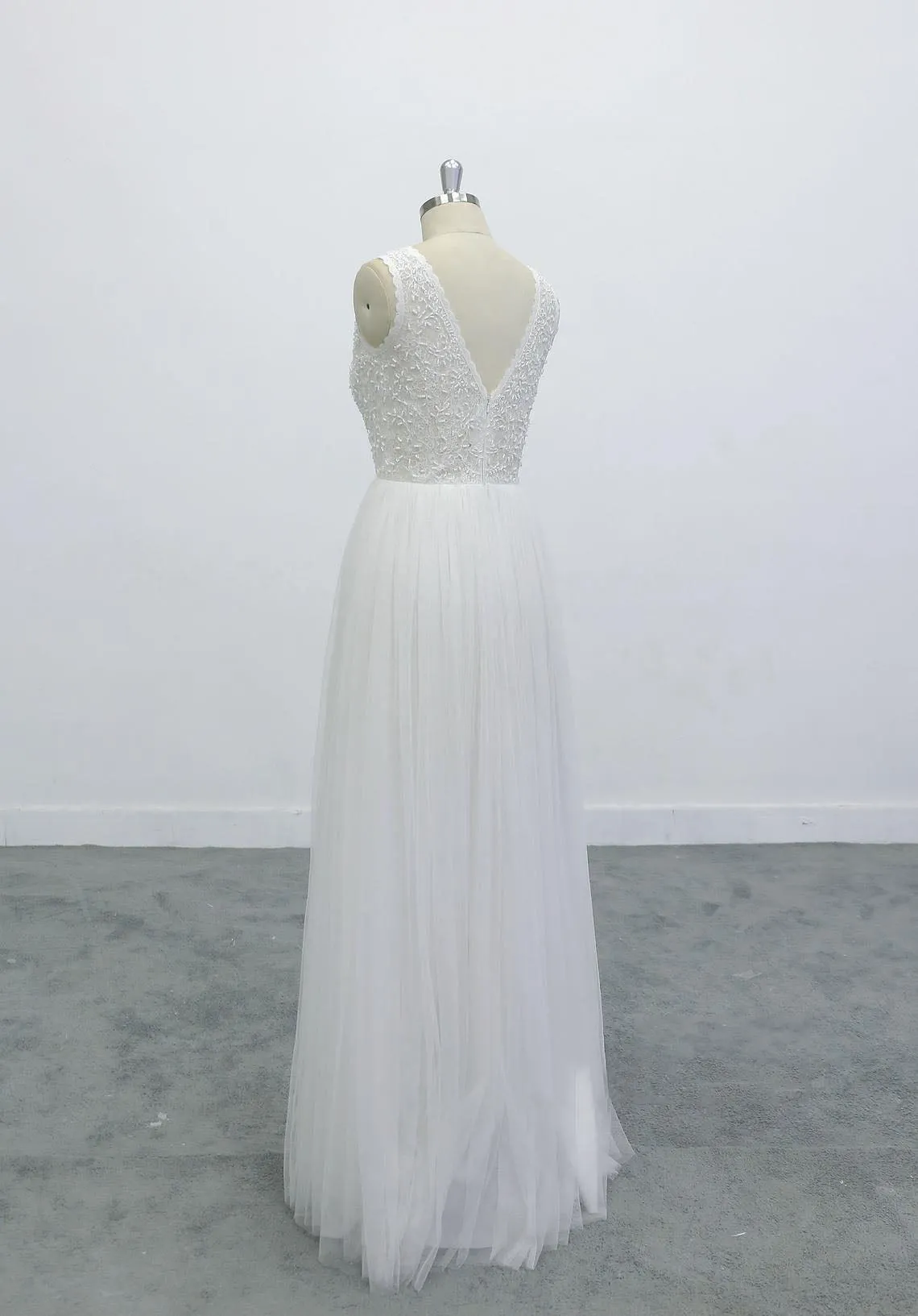 Boho Lace Applique Beading V Neck Backless A-line Skirt Wedding Dress OKU67