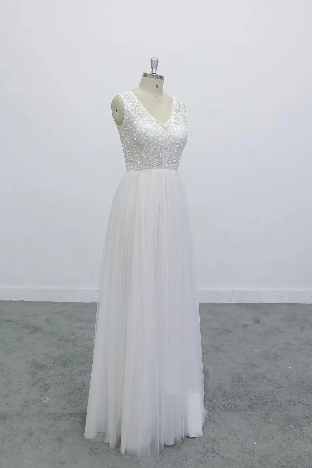 Boho Lace Applique Beading V Neck Backless A-line Skirt Wedding Dress OKU67