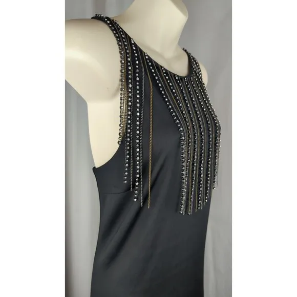 Boston Proper Black Flapper Dress 20s Black SOFT Beaded Chains Stretch Evening M