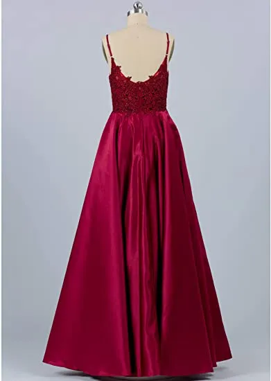 Burgundy Satin Spaghetti Straps Prom Dress Long A-line Evening Dress with Pockets OKY56
