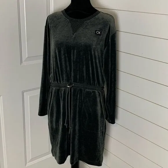 CALVIN KLEIN Womens Gray Drawstring-waist Long Sleeve Short Party Sheath Dress