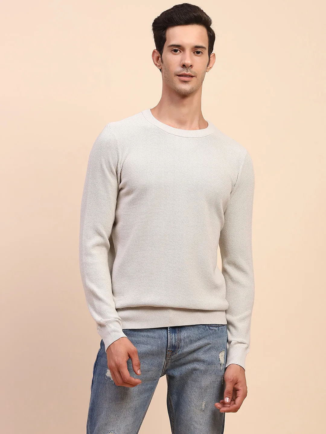 Camla Barcelona Crew Neck Solid Grey Full Sleeve Sweater