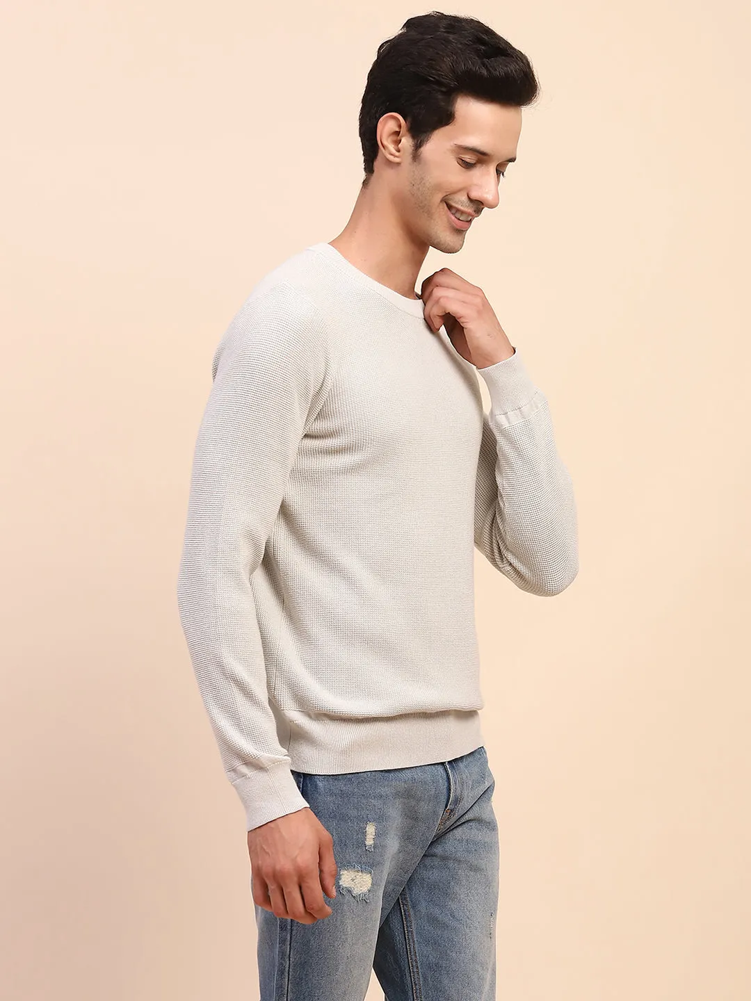 Camla Barcelona Crew Neck Solid Grey Full Sleeve Sweater