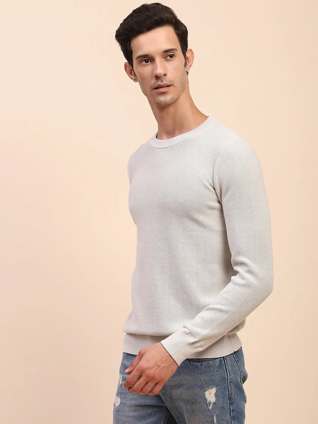 Camla Barcelona Crew Neck Solid Grey Full Sleeve Sweater