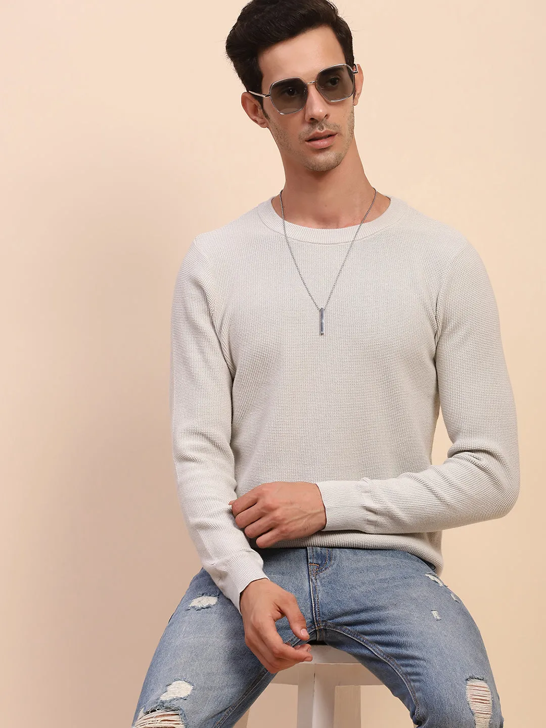 Camla Barcelona Crew Neck Solid Grey Full Sleeve Sweater
