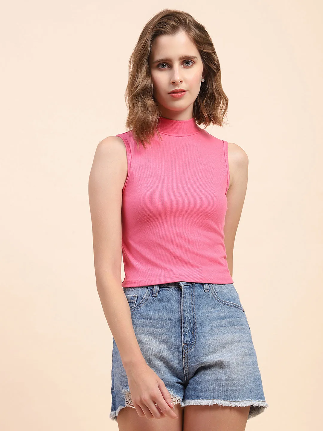 Camla Barcelona Mock Neck Pink Ribbed Top