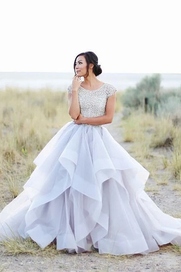 Cap Sleeve Lace Beading A-line Ball Gown Long Prom Dress K645