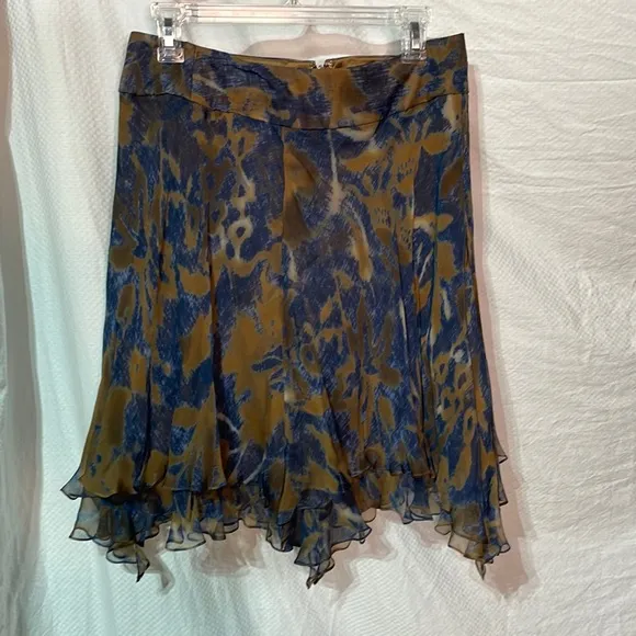 Carmen Marc Valvo 10 brown blue silk handkerchief hemline skirt 💯silk lined nwt