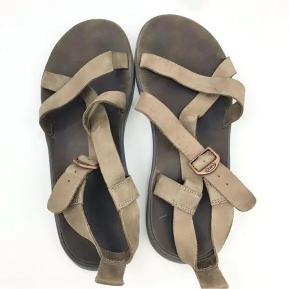 CHACO Wayfarer Gray Brown Mens Leather Buckle Sandals