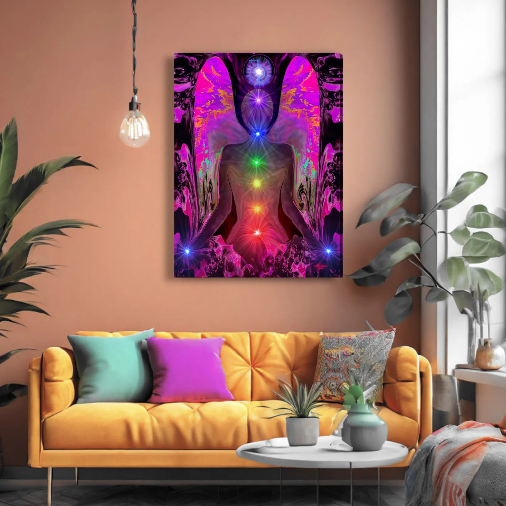 Chakra Angel Stretched Canvas Print, Visionary Energy Art by Primal Painter - "Balance Within Chaos"