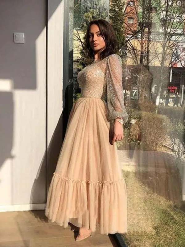 Champagne Sparkling Long Sleeves A-line Tulle Ankle-length Prom Dress, PD3240