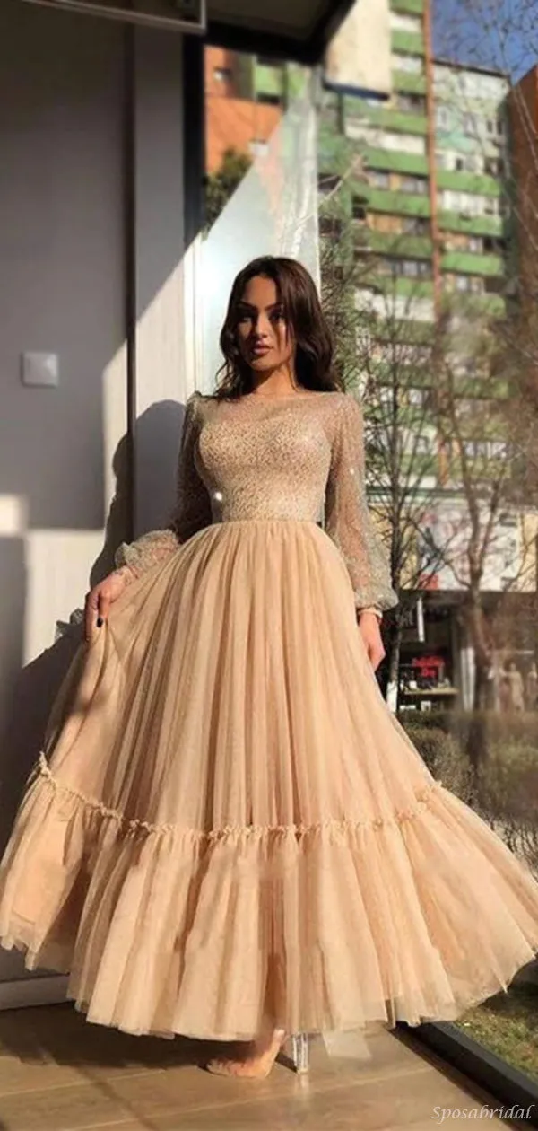 Champagne Sparkling Long Sleeves A-line Tulle Ankle-length Prom Dress, PD3240