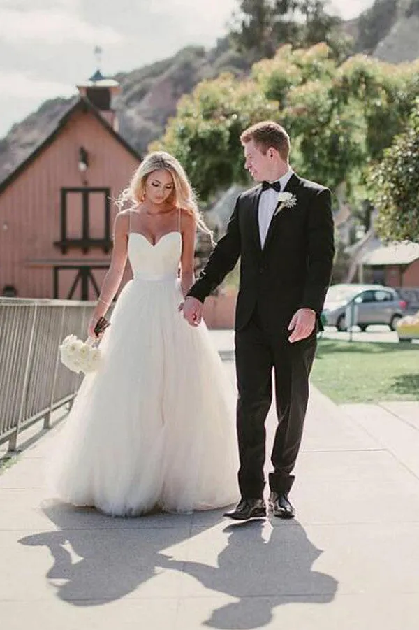 Charming A-line Tulle Spaghetti Straps Neckline Wedding Dress With Lace Appliques,SW63