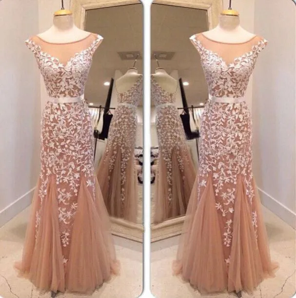 Charming Applique Mermaid Cap Sleeve V Back Long Evening Prom Dress, BG51099