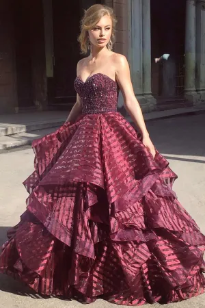 Charming Ball Gown Sweetheart Strapless Burgundy Long Prom Dresses with Beading OKA13